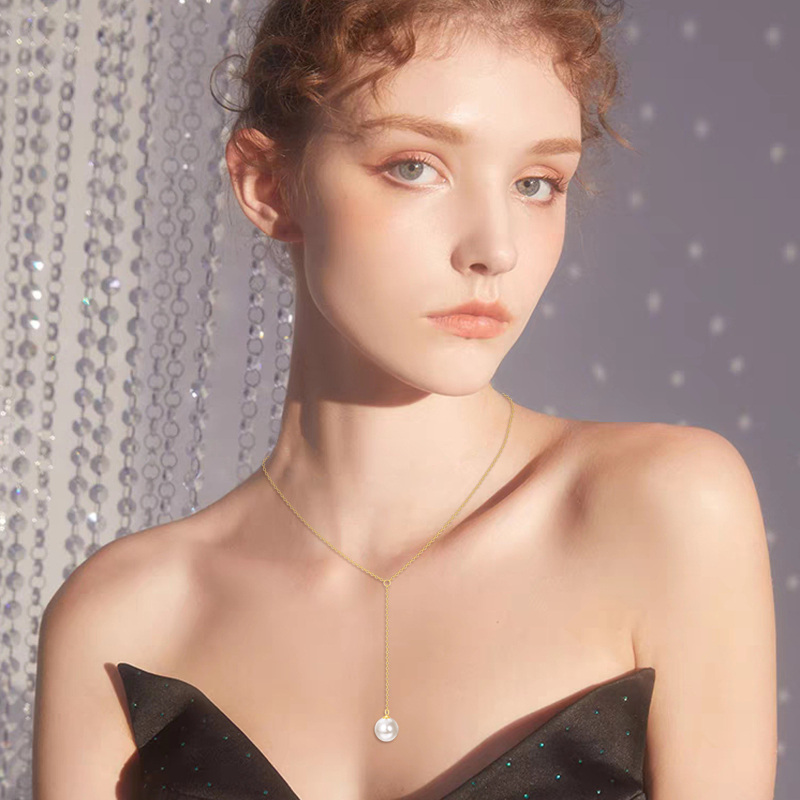 10K Gold Circular Shaped Pearl Spherical Non-adjustable Y-Necklace-2