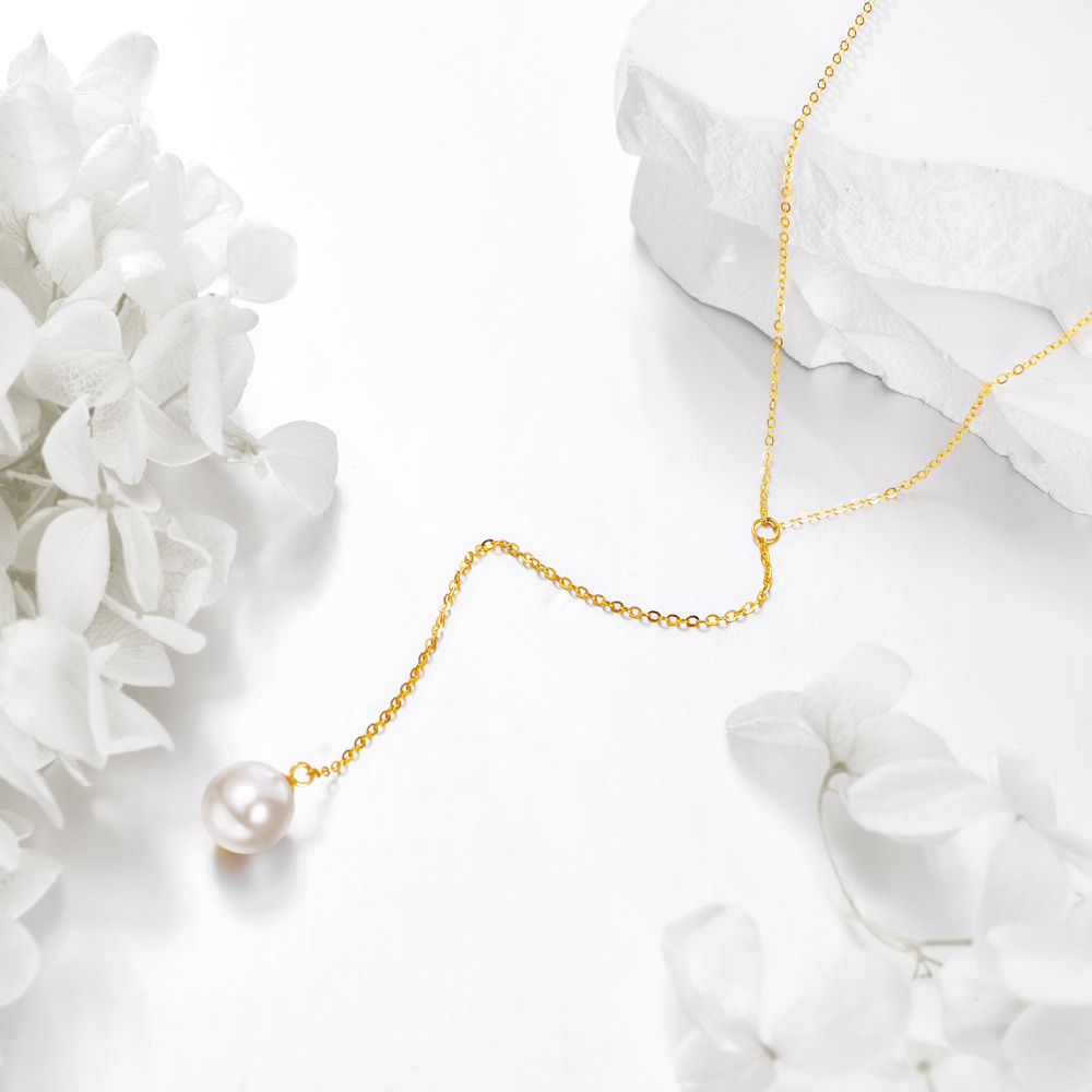 Collier en Y non réglable en or 14 carats avec perles de forme circulaire-3