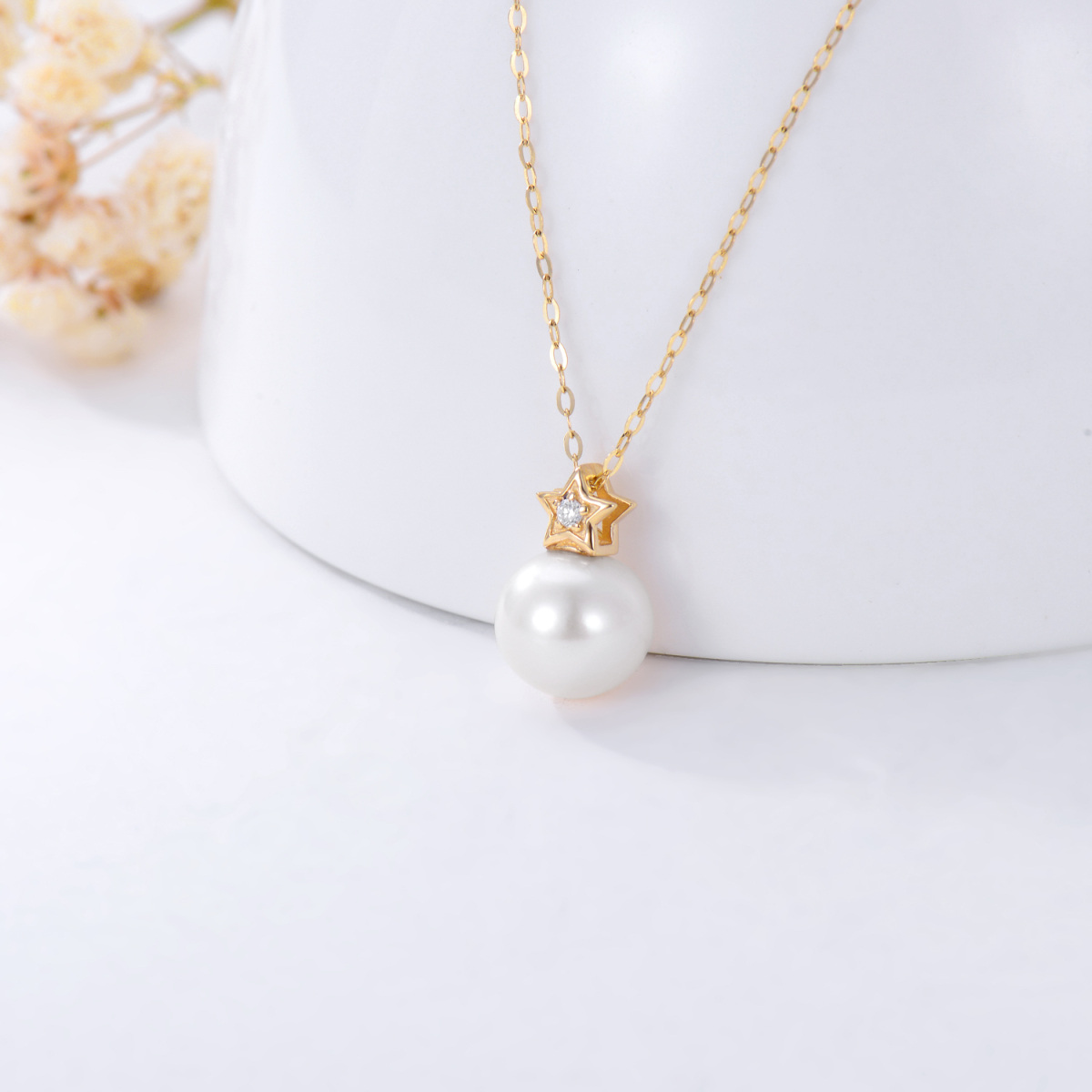 10K Gold Circular Shaped Pearl Star Pendant Necklace-5