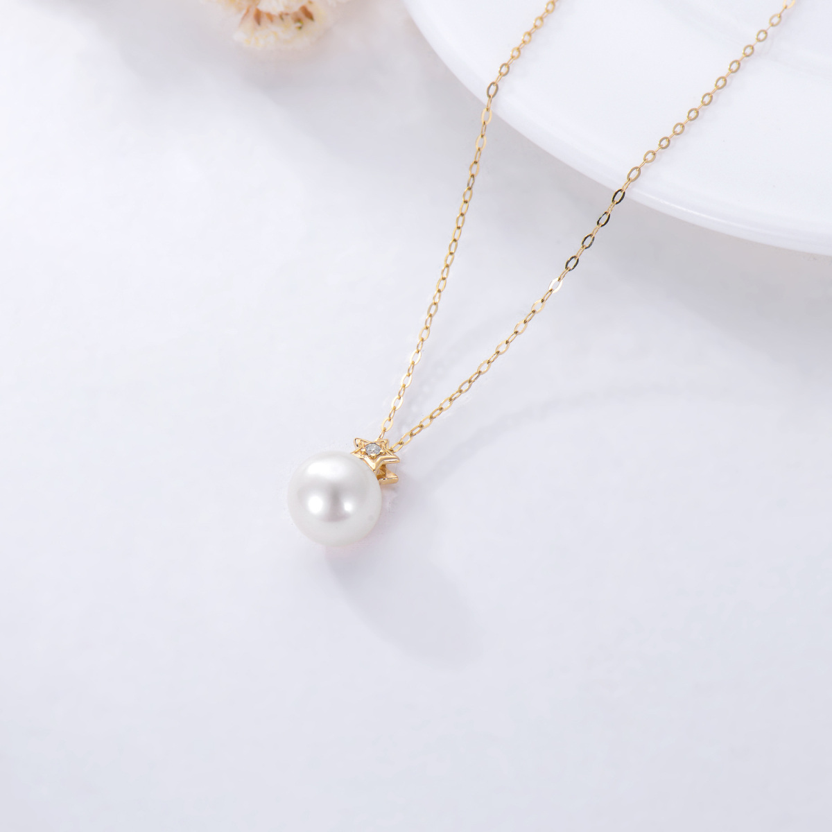 10K Gold Circular Shaped Pearl Star Pendant Necklace-6