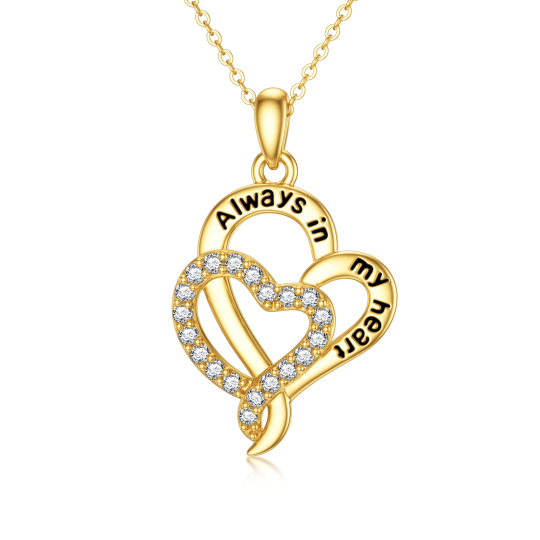 14K Gold Circular Shaped Cubic Zirconia Pendant Necklace with Engraved Word