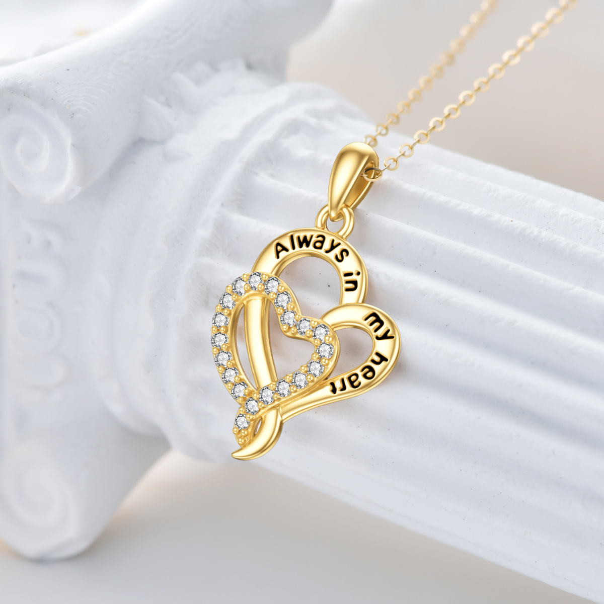 10K Gold Circular Shaped Cubic Zirconia Pendant Necklace with Engraved Word-3