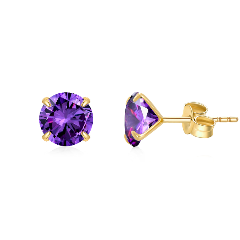 10K Gold Circular Shaped Cubic Zirconia Personalized Birthstone Stud Earrings-44