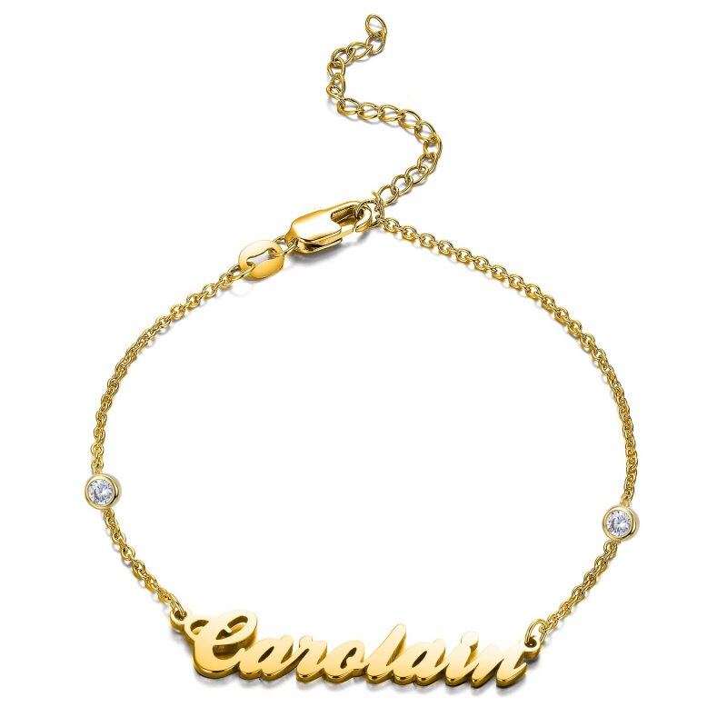 10K Gold Circular Shaped Cubic Zirconia Personalized Classic Name Charm Bracelet-18