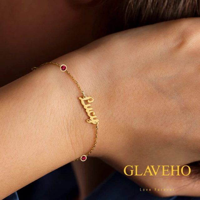 Pulseira com pingente de nome clássico personalizado em forma circular de ouro 14K com zircônia cúbica-2