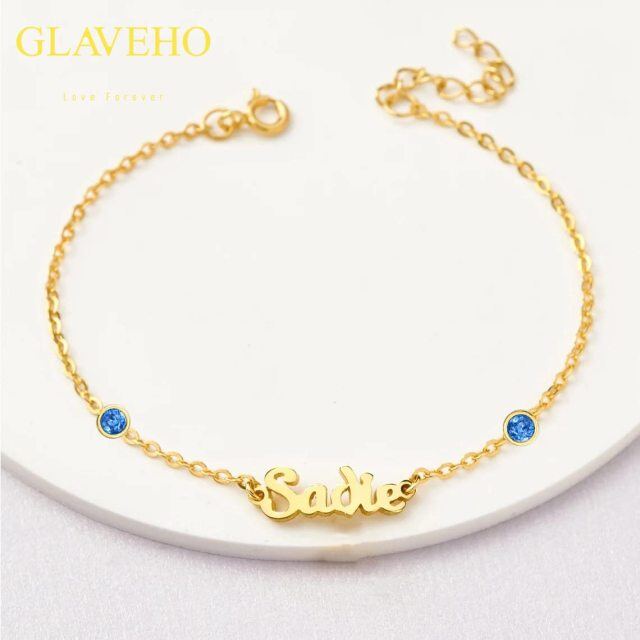 14K Gold Circular Shaped Cubic Zirconia Personalized Classic Name Pendant Bracelet-3