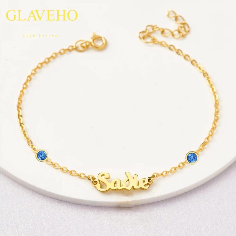 10K Gold Circular Shaped Cubic Zirconia Personalized Classic Name Charm Bracelet-3
