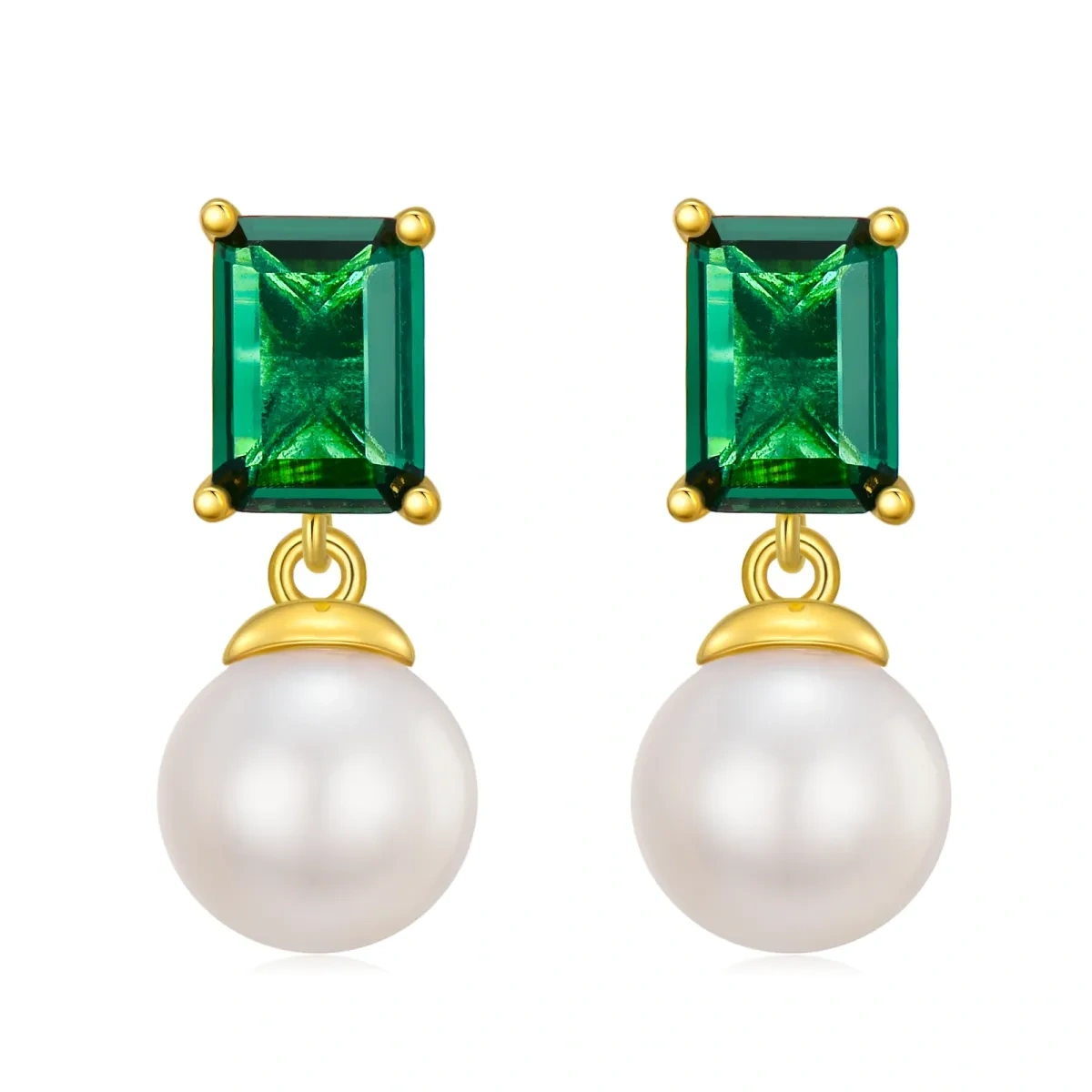 10K Gold Princess-Square Emerald With Pearl Stud Earrings For Women-1