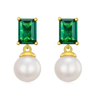 10K Gold Princess-Square Emerald With Pearl Stud Earrings For Women-29