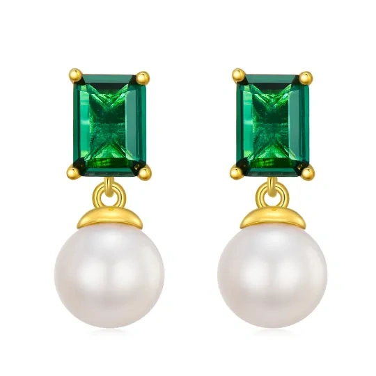 14K Gold Princess-Square Emerald With Pearl Stud Earrings For Women