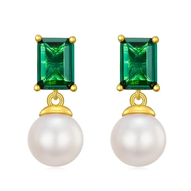 14K Gold Circular Shaped & Princess-square Shaped Cubic Zirconia & Pearl Spherical & Square Stud Earrings-1