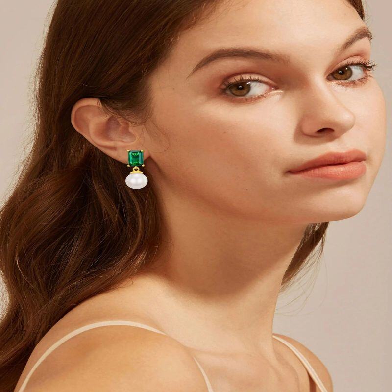 Damskie kolczyki w kształcie szmaragdu w kształcie księżniczki z 14-karatowego złota-2
