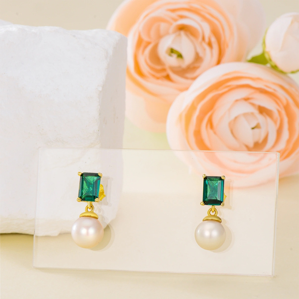 10K Gold Princess-Square Emerald With Pearl Stud Earrings For Women-3