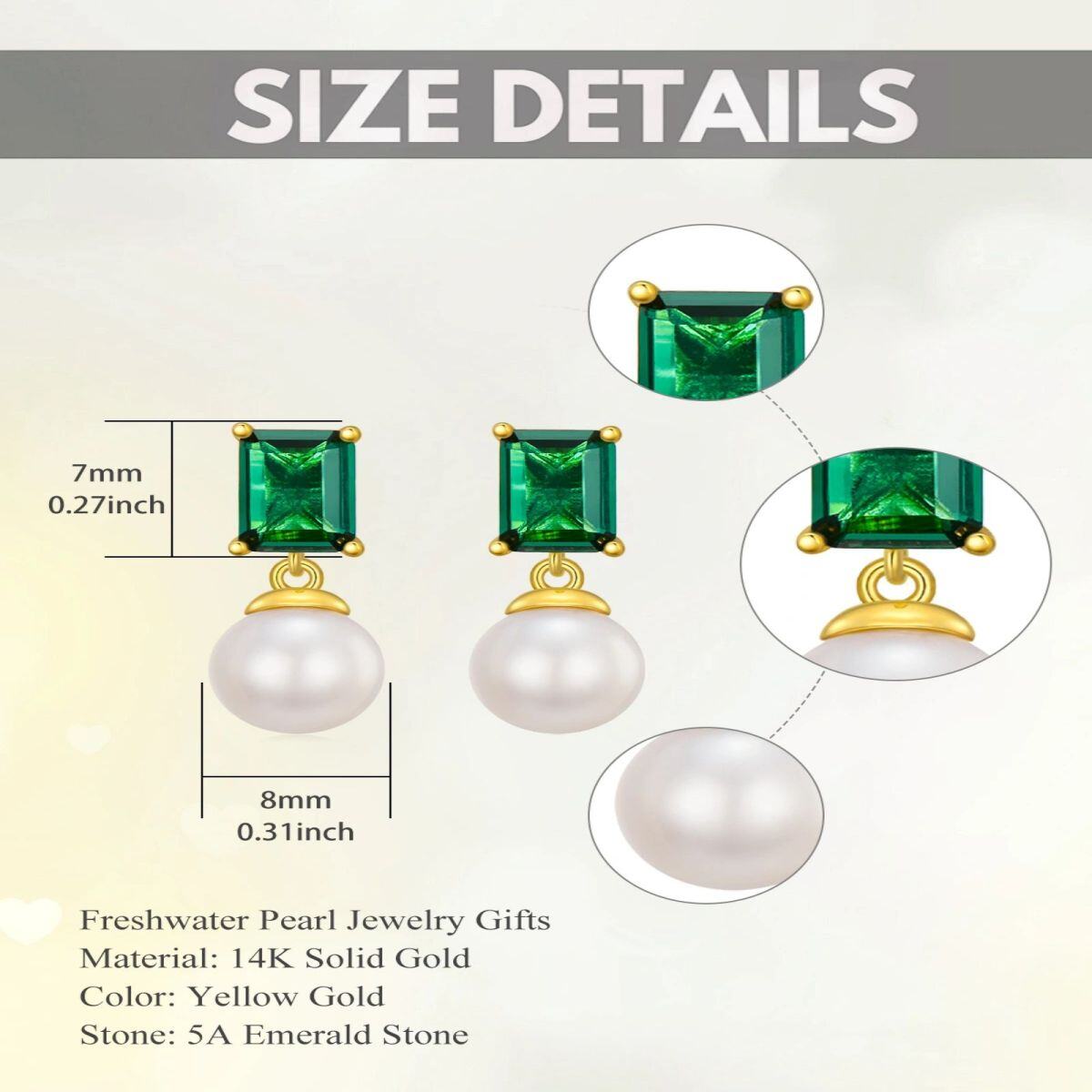 10K Gold Princess-Square Emerald With Pearl Stud Earrings For Women-5