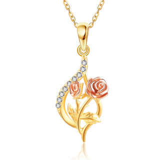 10K Gold Circular Shaped Cubic Zirconia Rose Pendant Necklace-23