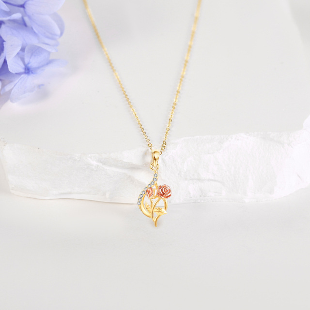 14K Gold kreisförmig Cubic Zirkonia Rose Anhänger Halskette-3