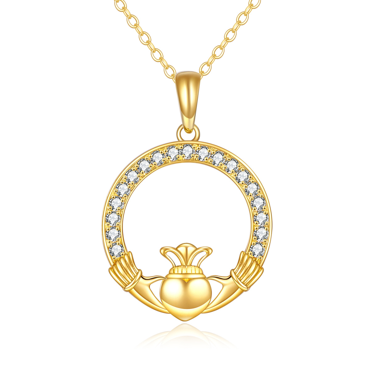 Colar com pingente de pingente de zircão Claddagh em ouro amarelo sólido real 14K para mulheres-1