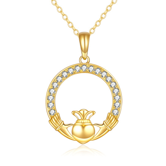 14K Gold Circular Shaped Cubic Zirconia Round Pendant Necklace