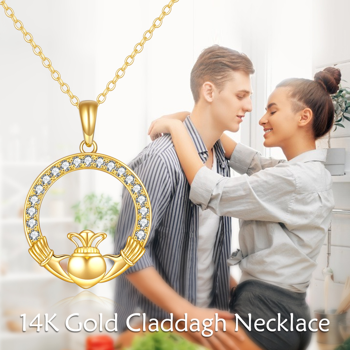 Colar com pingente de pingente de zircão Claddagh em ouro amarelo sólido real 14K para mulheres-6