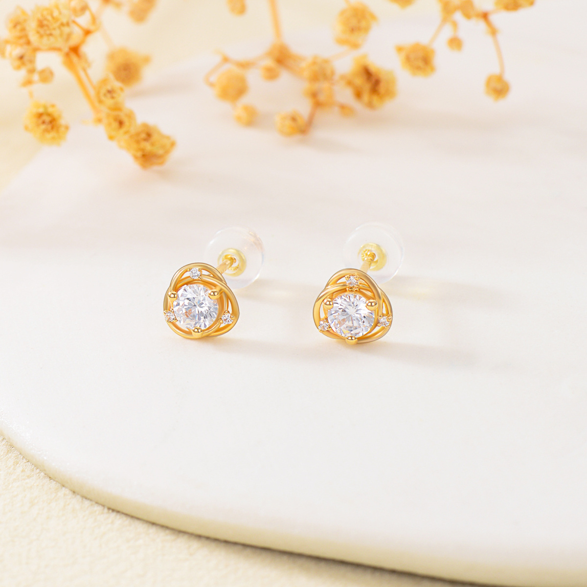 10K Gold Circular Shaped Cubic Zirconia Round Stud Earrings-4