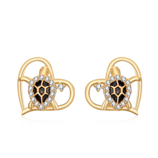 14K Gold Circular Shaped Cubic Zirconia Sea Turtle Stud Earrings-3