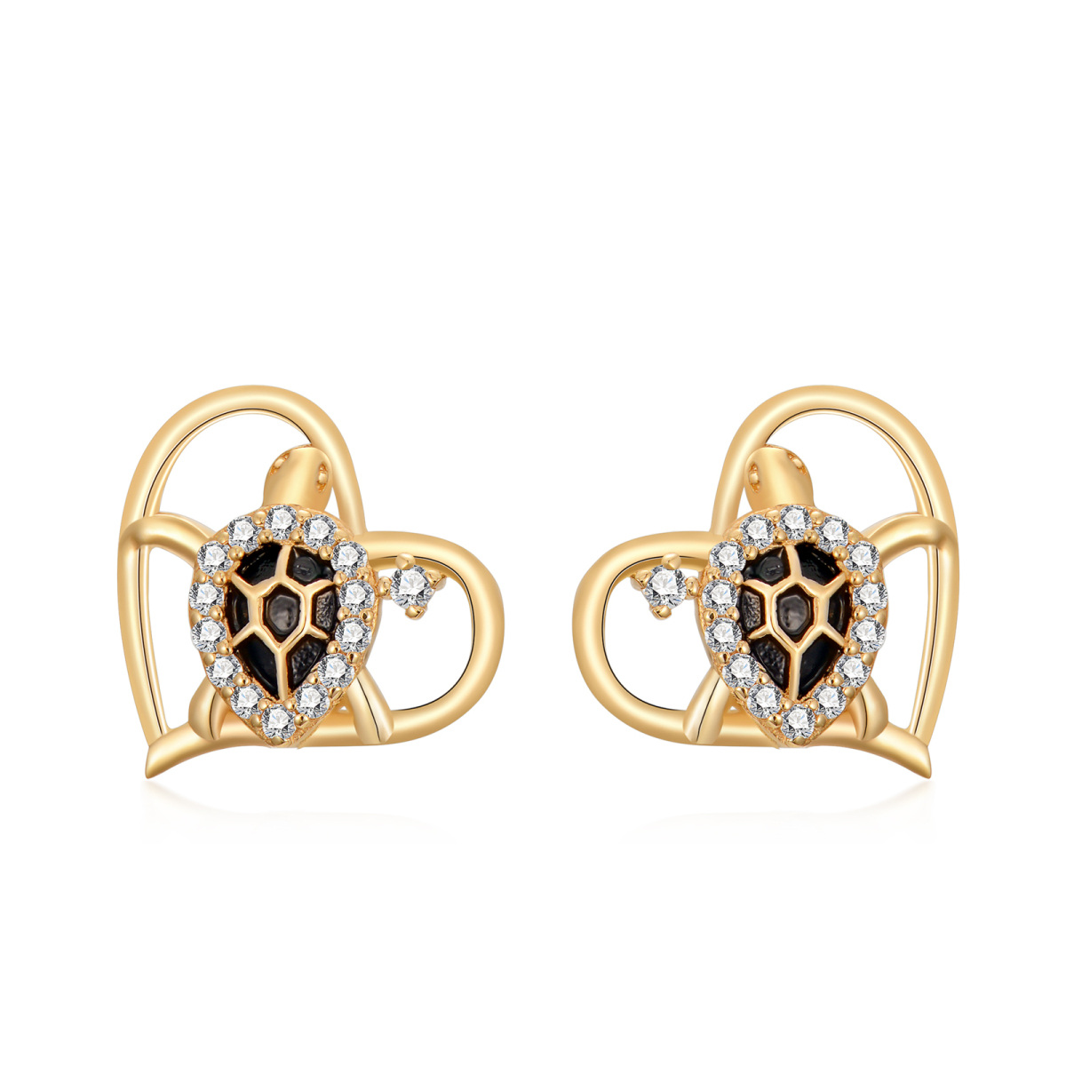 14K Gold Circular Shaped Cubic Zirconia Sea Turtle Stud Earrings-2