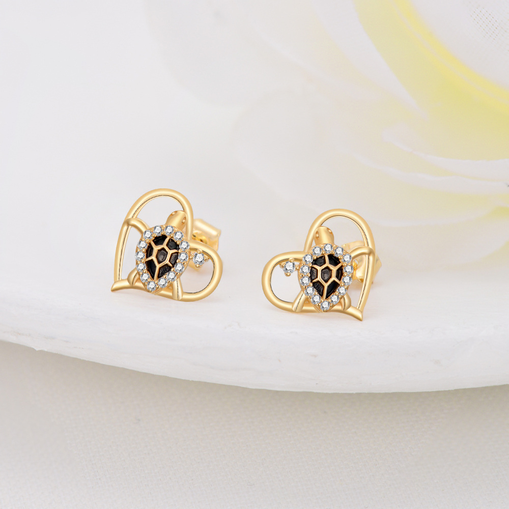 10K Gold Circular Shaped Cubic Zirconia Sea Turtle Stud Earrings-3