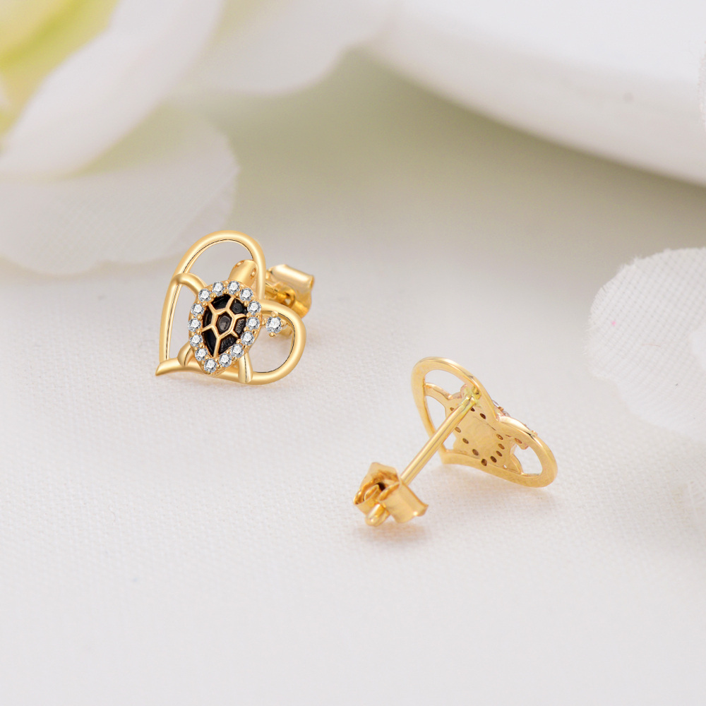 10K Gold Circular Shaped Cubic Zirconia Sea Turtle Stud Earrings-4