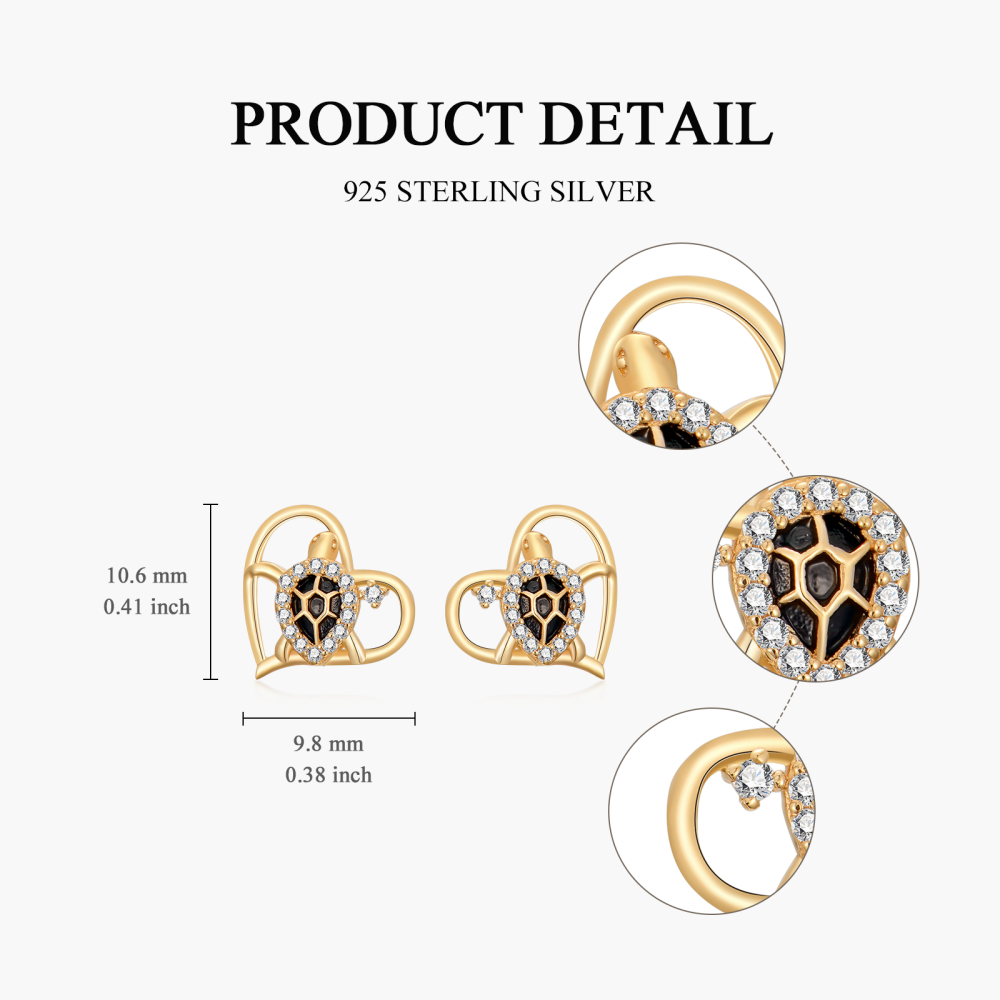 10K Gold Circular Shaped Cubic Zirconia Sea Turtle Stud Earrings-5