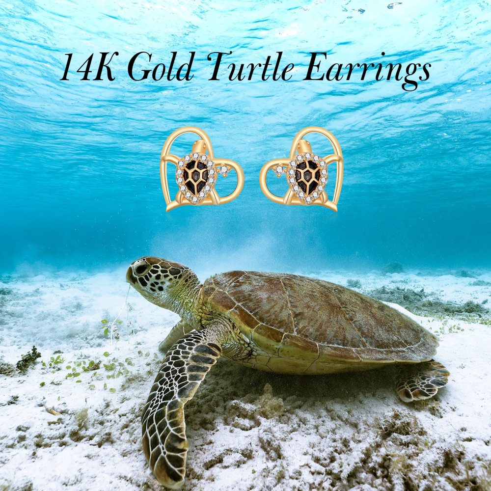 10K Gold Circular Shaped Cubic Zirconia Sea Turtle Stud Earrings-6