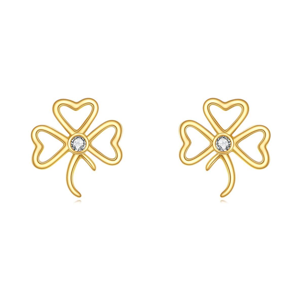 10K Gold Circular Shaped Cubic Zirconia Shamrock Stud Earrings-1