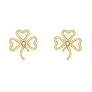 10K Gold Circular Shaped Cubic Zirconia Shamrock Stud Earrings-14