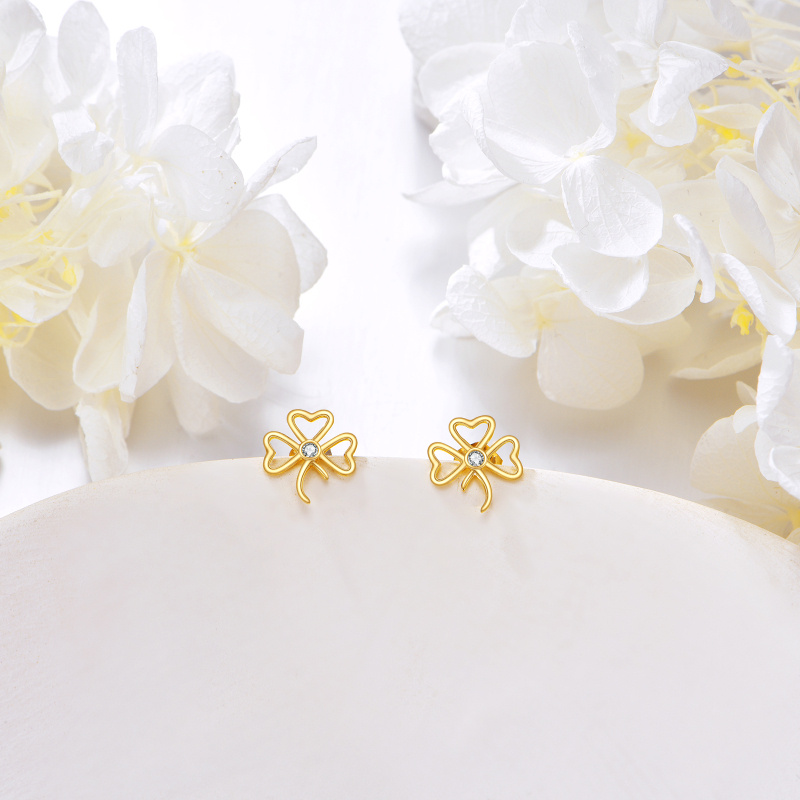 Boucles d'oreilles puces en or 18 carats avec zircon cubique en forme de trèfle-3