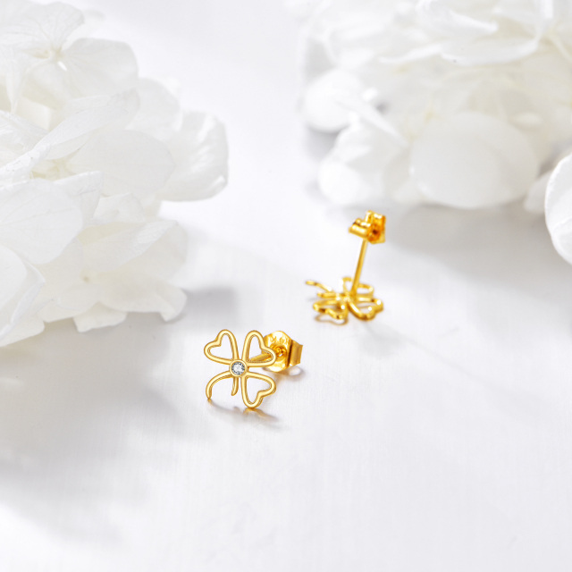 10K Gold Circular Shaped Cubic Zirconia Shamrock Stud Earrings-4