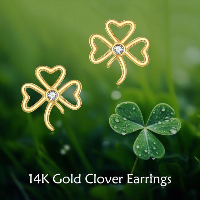 10K Gold Circular Shaped Cubic Zirconia Shamrock Stud Earrings-6