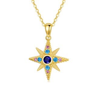 10K Gold Circular Shaped Cubic Zirconia Star Pendant Necklace-17