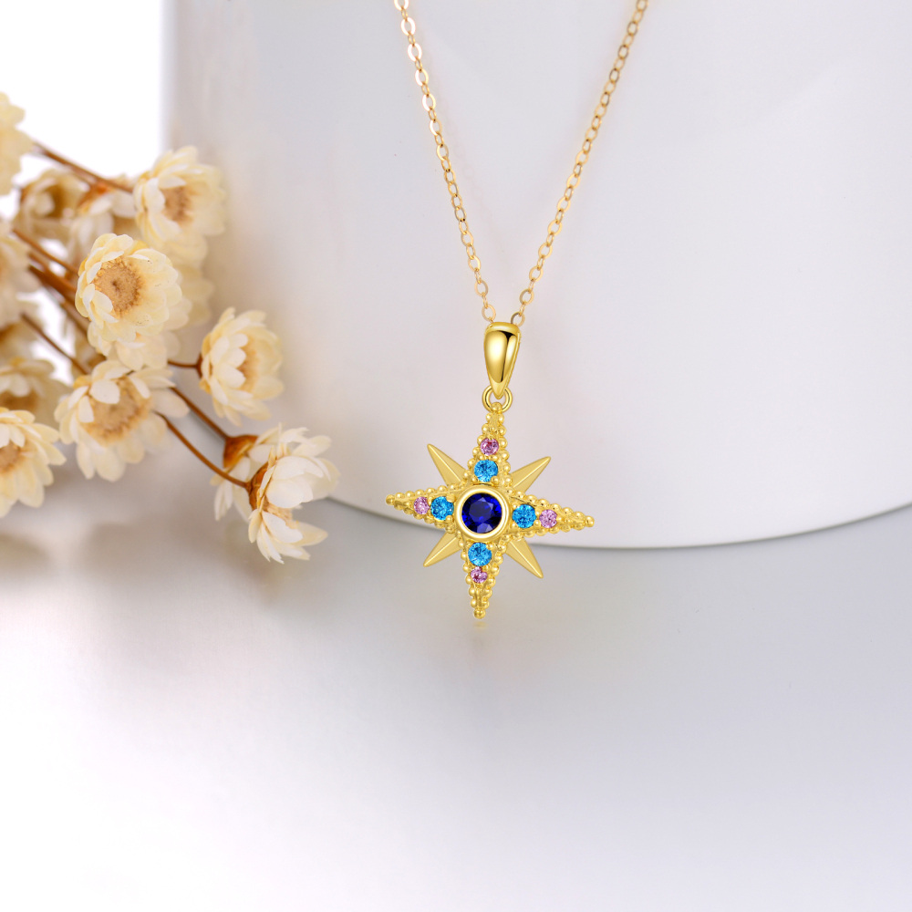 10K Gold Circular Shaped Cubic Zirconia Star Pendant Necklace-3