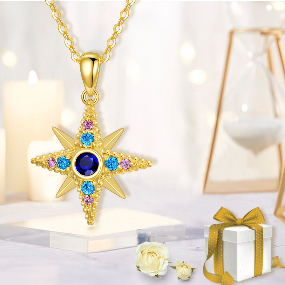 10K Gold Circular Shaped Cubic Zirconia Star Pendant Necklace-6