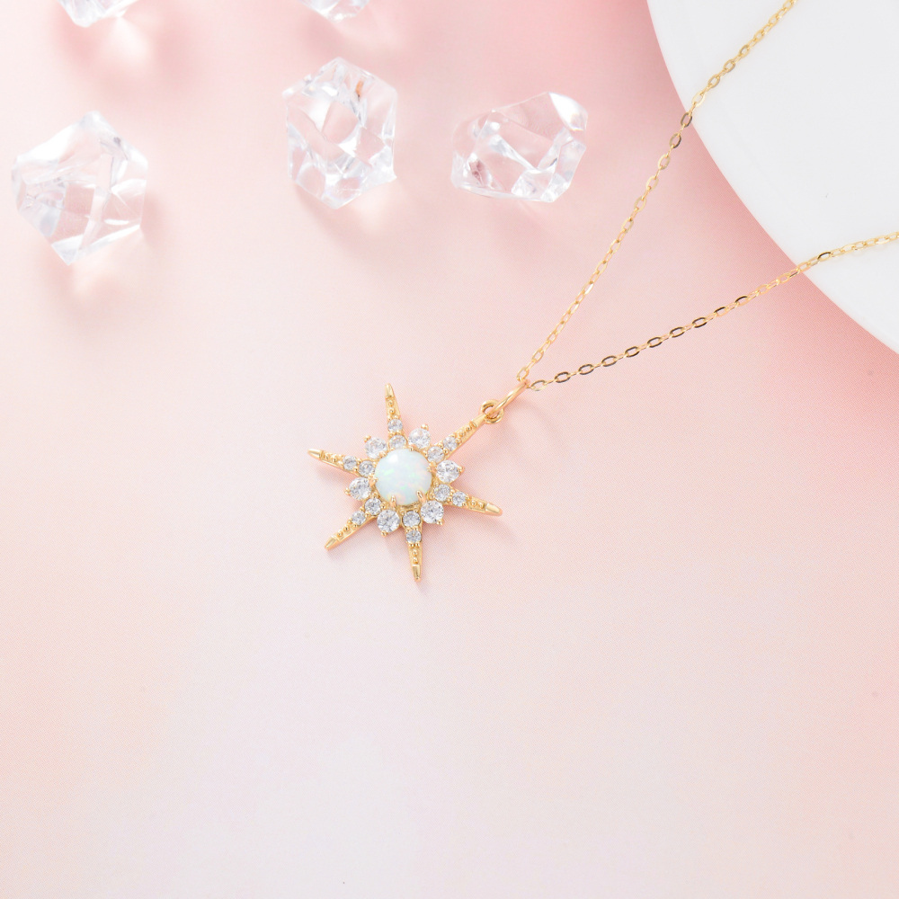 10K Gold Circular Shaped Cubic Zirconia Sun Pendant Necklace-4
