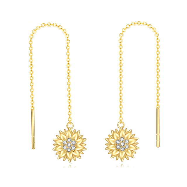 Orecchini pendenti in oro 14K a forma di girasole circolare con zirconia cubica