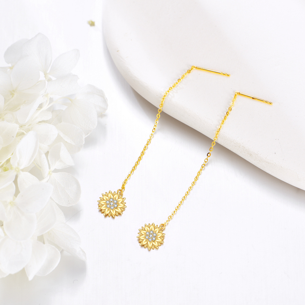 10K Gold Circular Shaped Cubic Zirconia Sunflower Drop Earrings-3