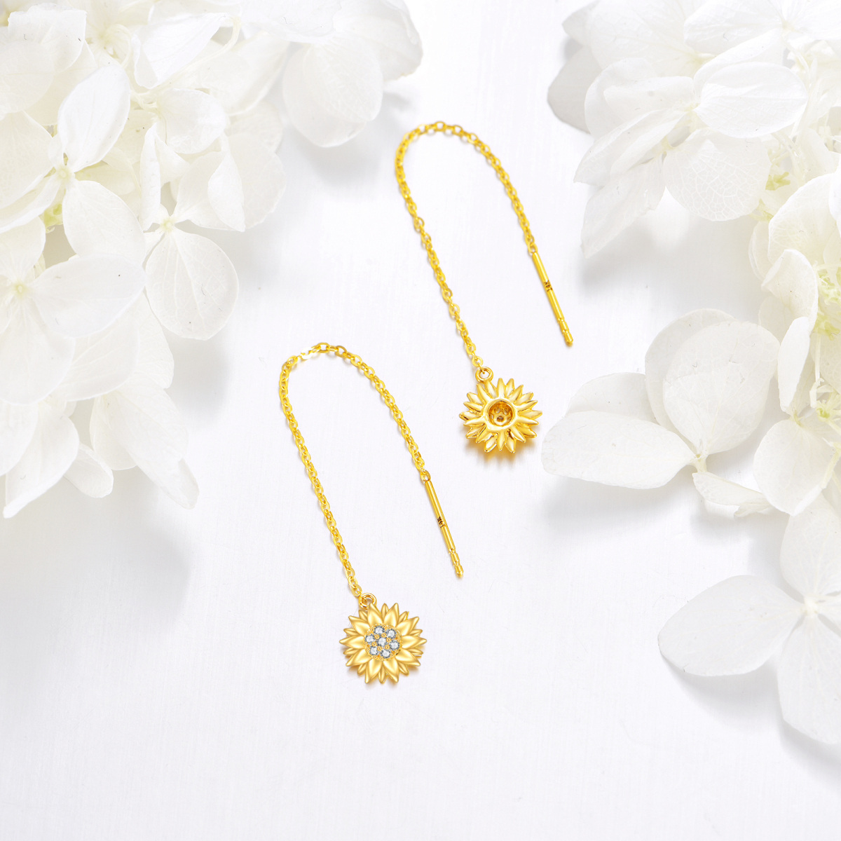 14K Gold Circular Shaped Cubic Zirconia Sunflower Drop Earrings-4