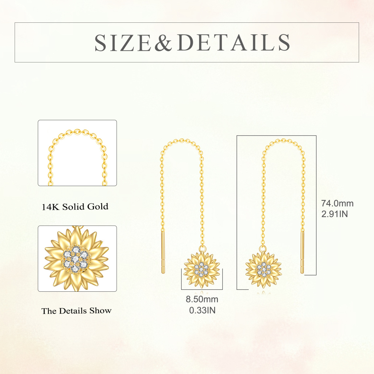 14K Gold Circular Shaped Cubic Zirconia Sunflower Drop Earrings-5