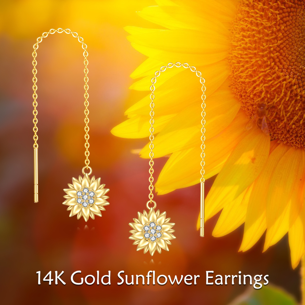 14K Gold Circular Shaped Cubic Zirconia Sunflower Drop Earrings-6