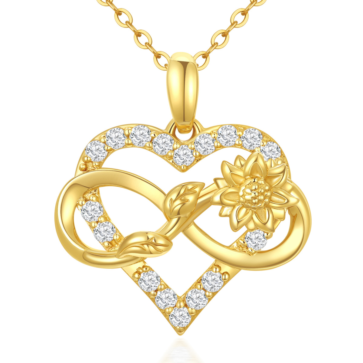 Collier avec pendentif en forme de cœur de tournesol et symbole de l'infini en or 14 carats avec oxyde de zirconium pour femme-1