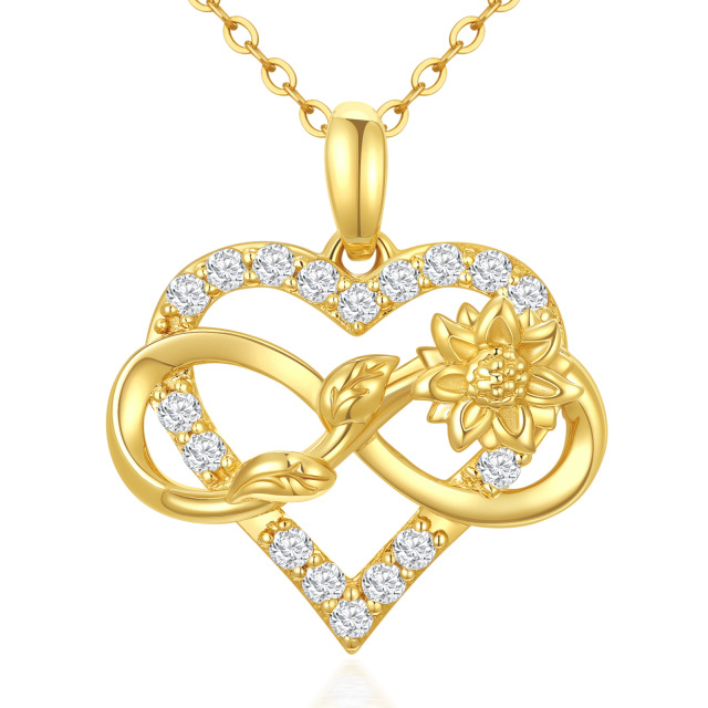 Collana da donna con ciondolo a forma di cuore di girasole e simbolo dell'infinito in oro 14 carati con zirconi cubici