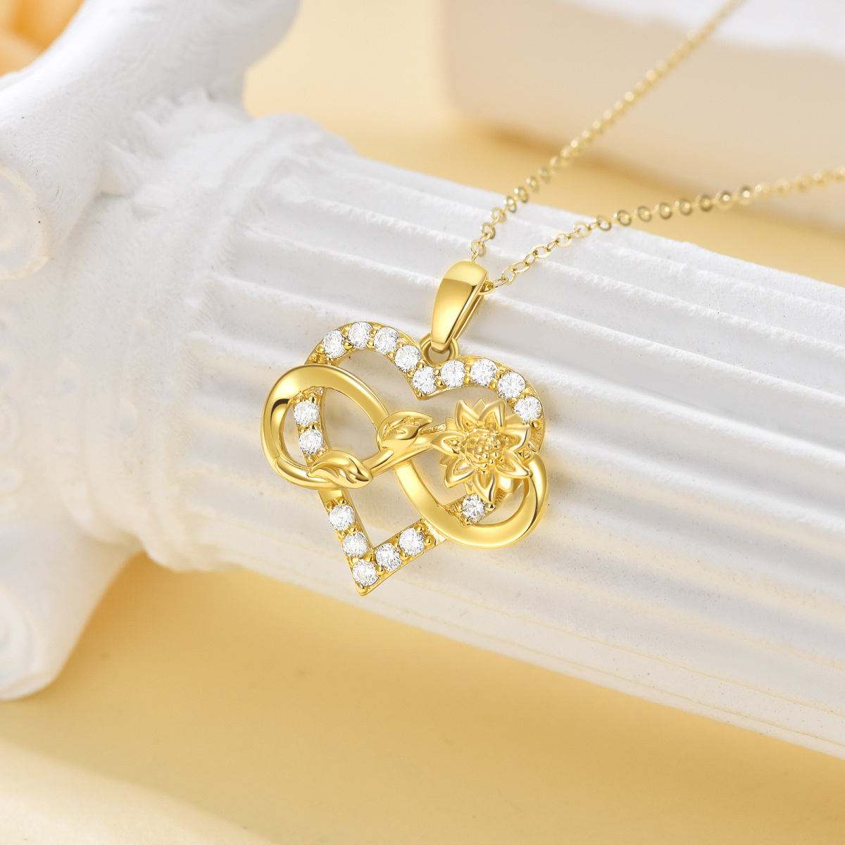 Collier avec pendentif en forme de cœur de tournesol et symbole de l'infini en or 14 carats avec oxyde de zirconium pour femme-3