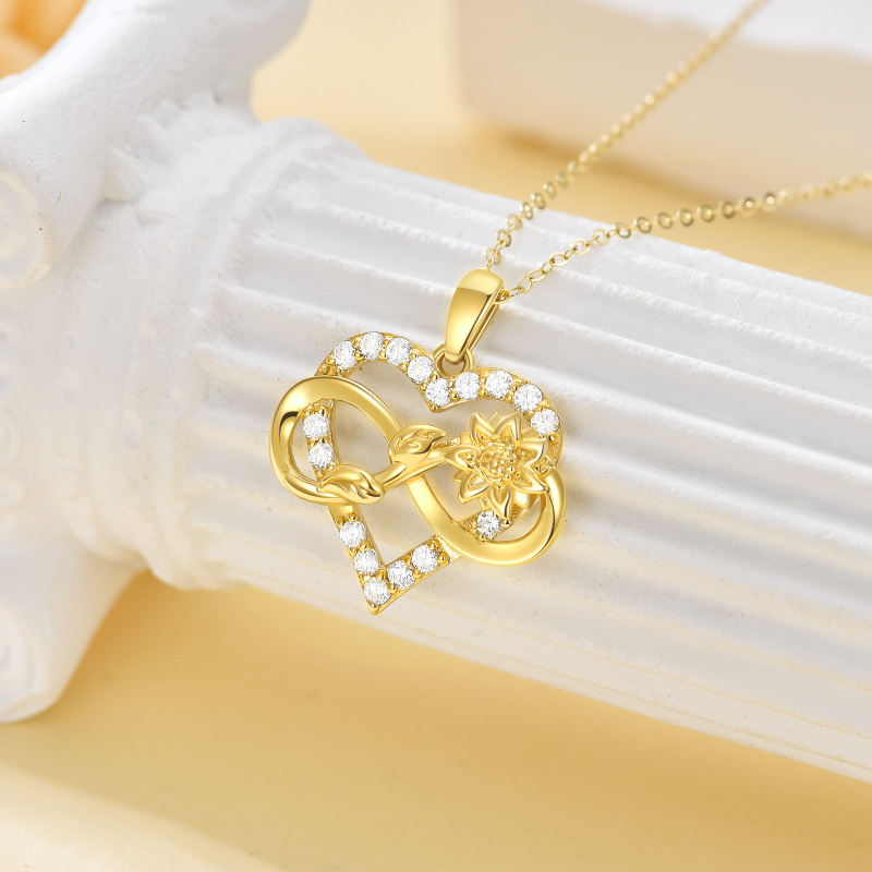 10K White Gold Round Cut Cubic Zirconia Sunflower & Heart & Infinity Symbol Pendant Necklace-3