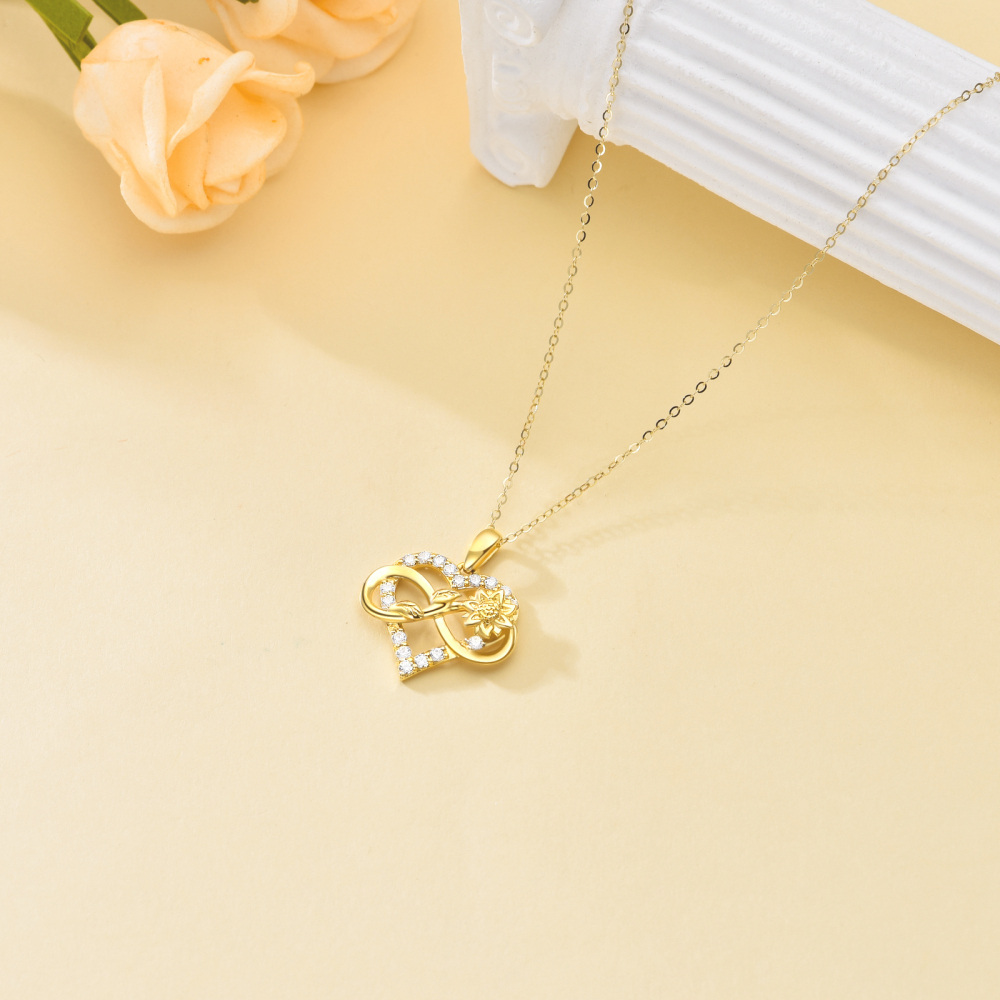 10K Gold Cubic Zirconia Sunflower Heart And Infinity Symbol Pendant Necklace For Women-4
