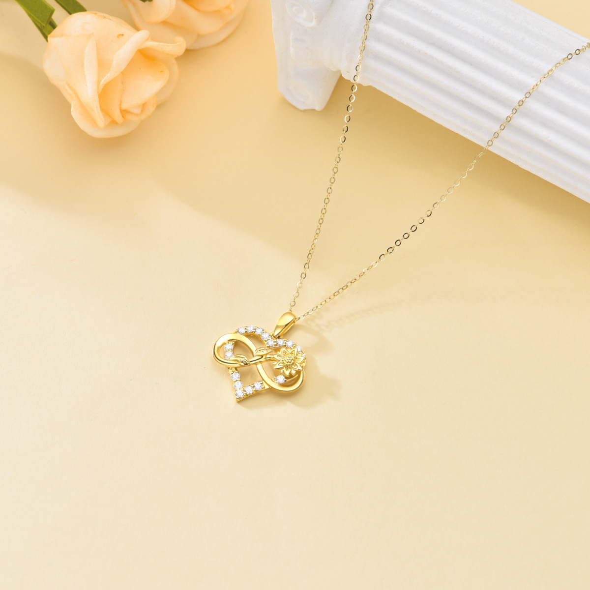 10K Gold Cubic Zirconia Sunflower Heart And Infinity Symbol Pendant Necklace For Women-4